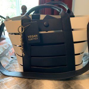Madison West White & Navy Blue Vegan Leather Handbag Purse
